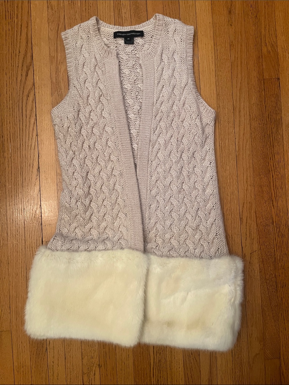 French Connection Ivory Cable Knit Vest with Faux Fur Trim